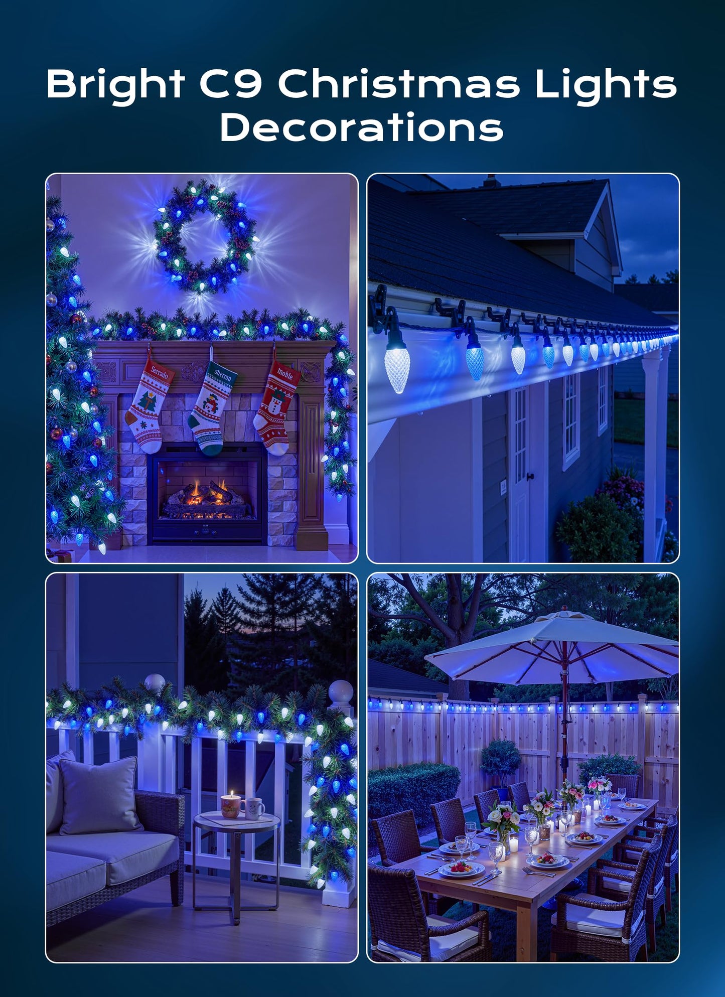C9 Christmas Lights Outdoor  100 Ft 150 Led Connectable C9 String Lights With 8 Modes And Timer Xmas Tree Patio Roofline Garden Yard Holiday Party Indoor Outdoor Decoration  Blue And White