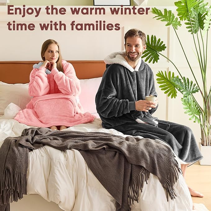 yescool Wearable Blanket Hoodie, Flannel Sherpa Fleece Blanket Sweatshirt for Adults Women Men,One Size Fits All
