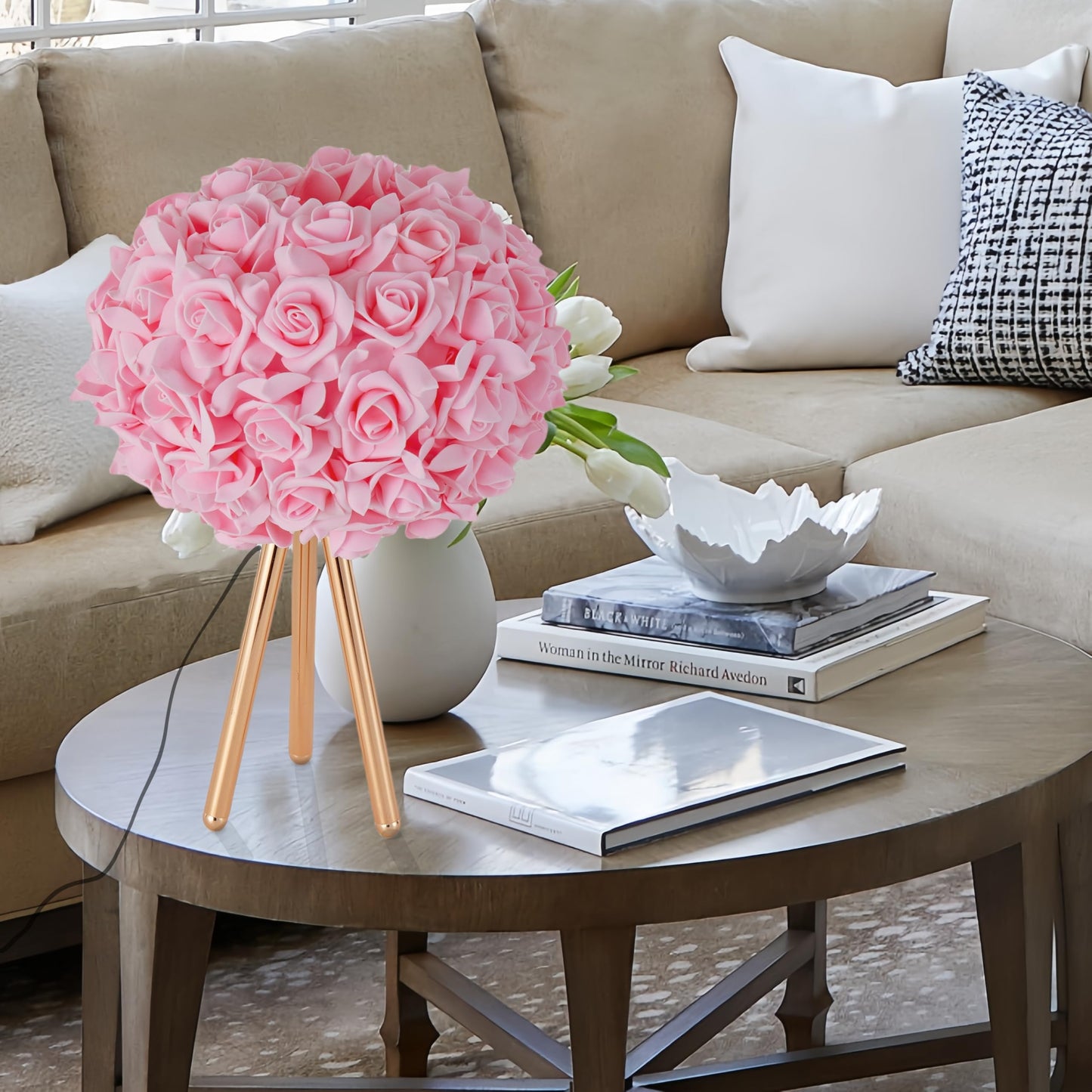 Zyleisenbao Pink Rose Flower Lamp Cute Table Lamp Flower Desk Lamp Floral Bedside Nighstand Light Atmosphere Girls Princess Lamp With Gold Tripod For Bedroom Wedding Christmas Gift Hotel Living Room