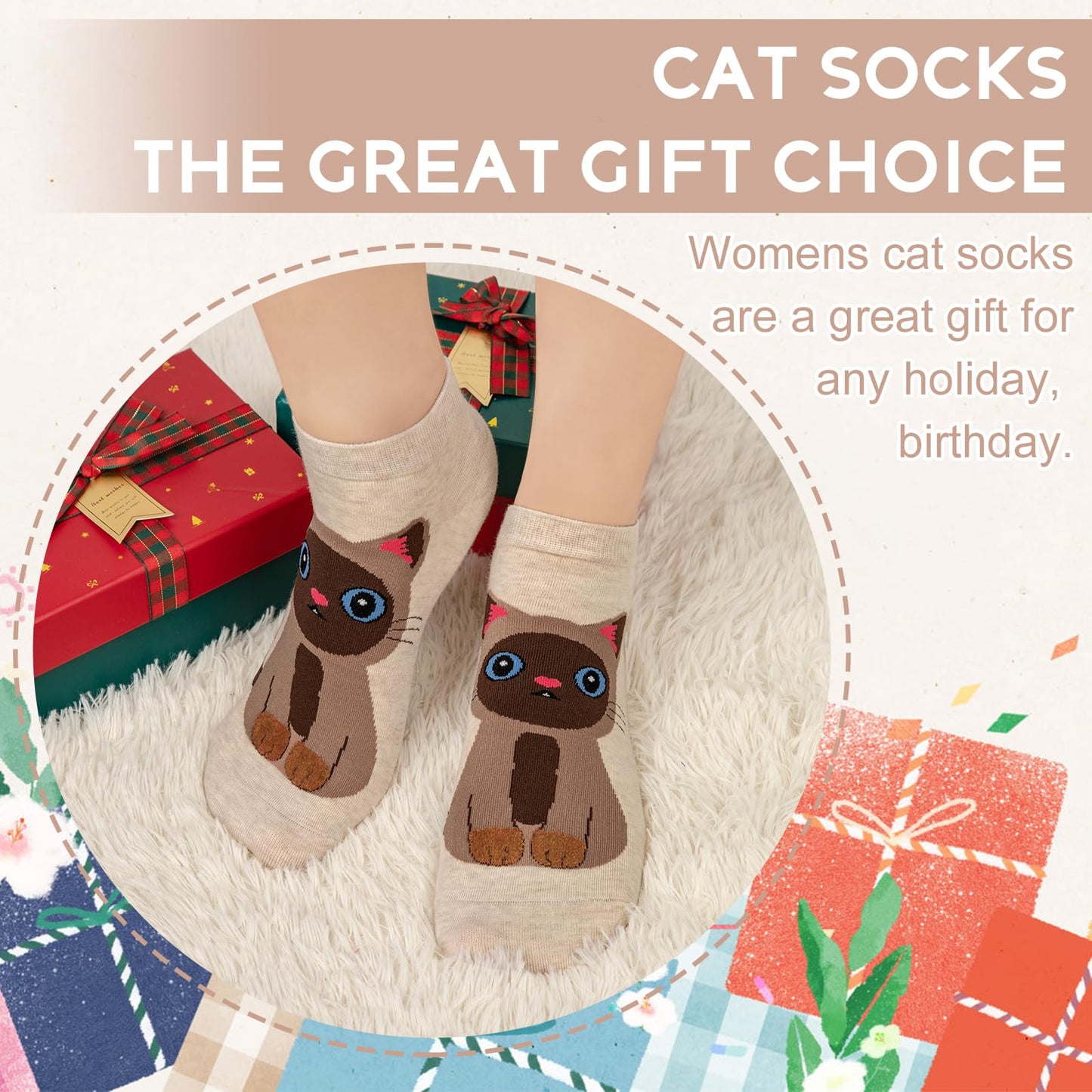 Justay 5 Pairs Cat Socks - Cute Cotton Novelty Funny Animal Fun Ankle Socks for Women Gifts