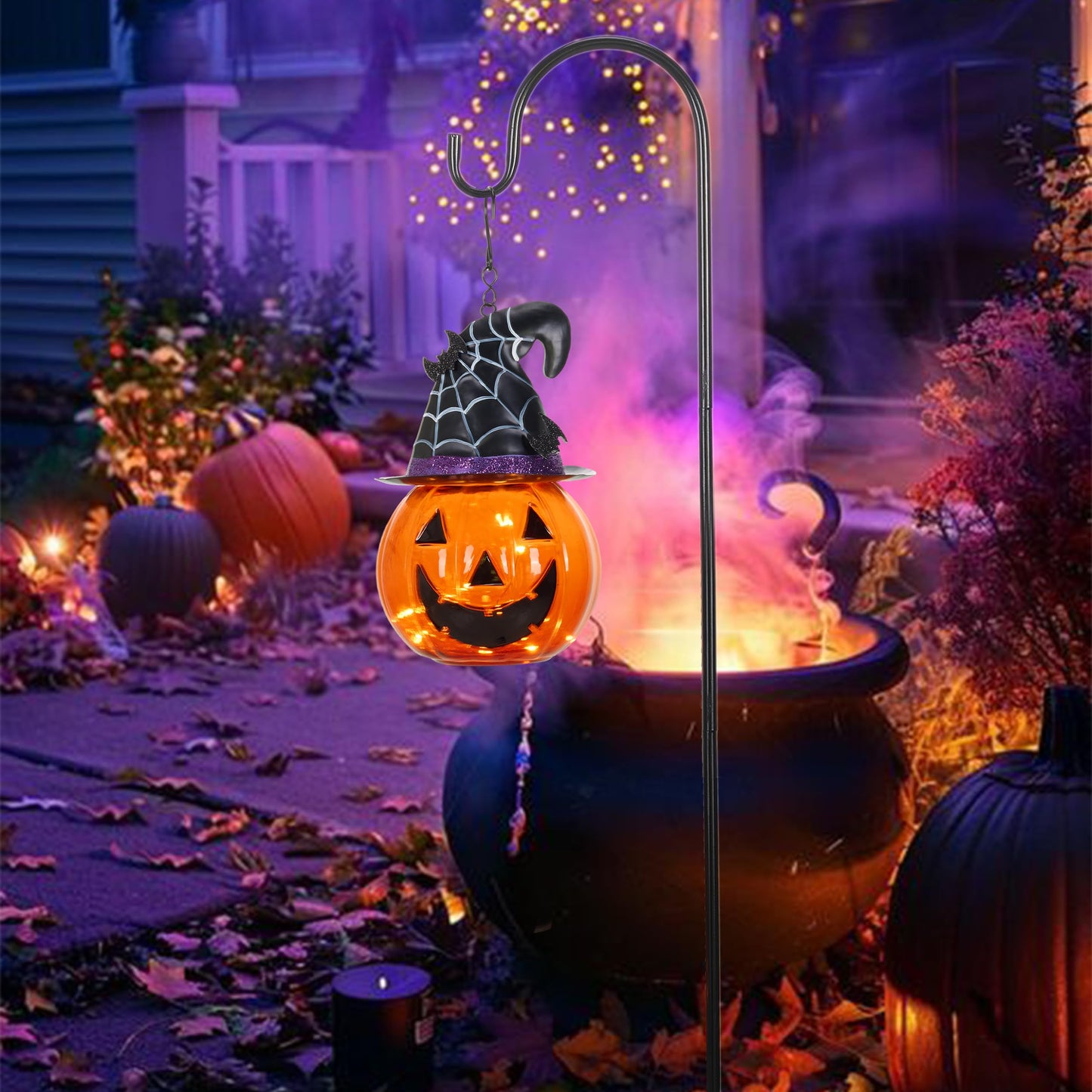 TERESAS COLLECTIONS Glass Solar Lantern, 36in Halloween Decoration, Orange Pumpkin Bats, Model TLS23GS193