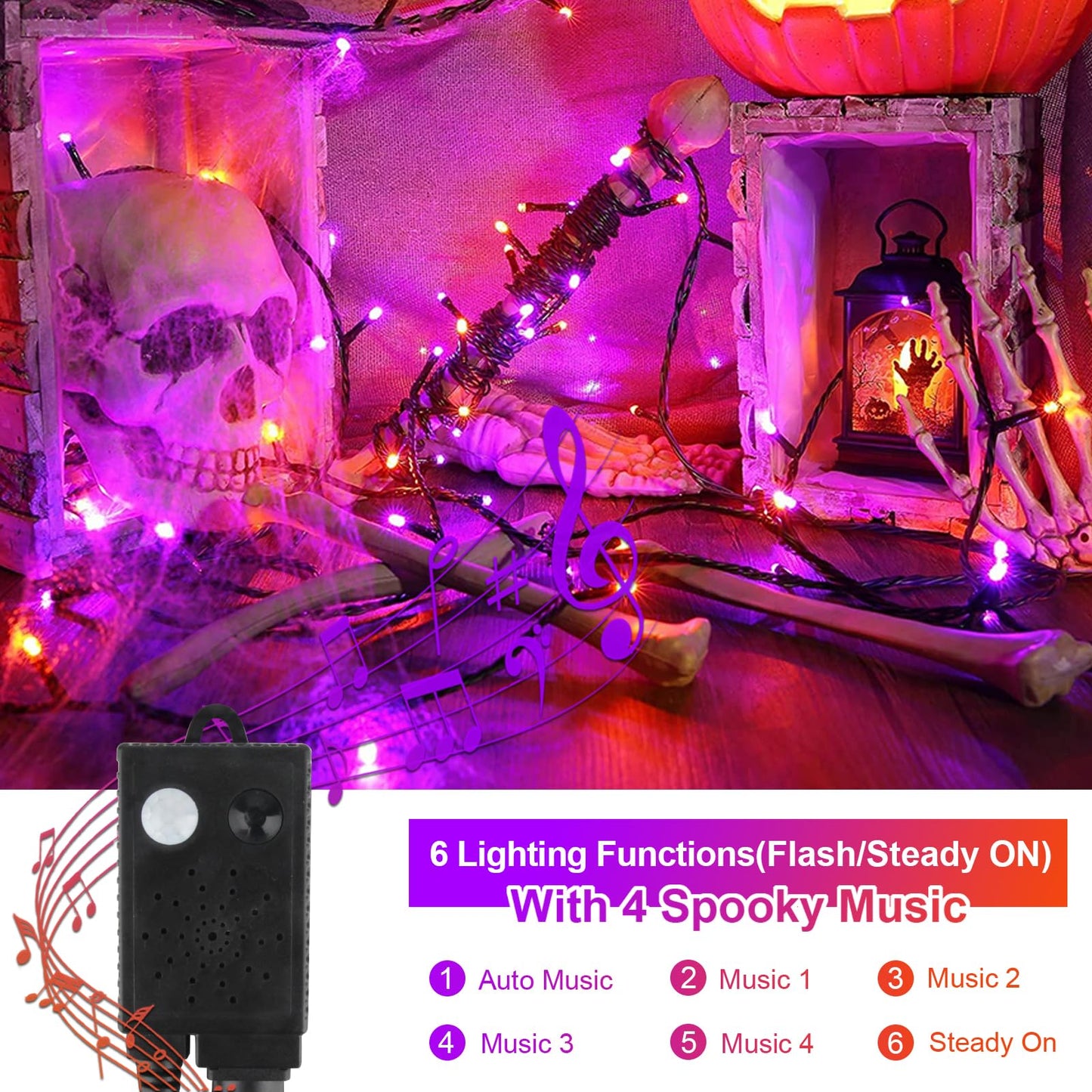 Tcamp 300 LED Christmas Lights, Purple & Orange, Motion Activated, 6 Modes, Model QL300AE, Connectable for Indoor/Outdoor Decor