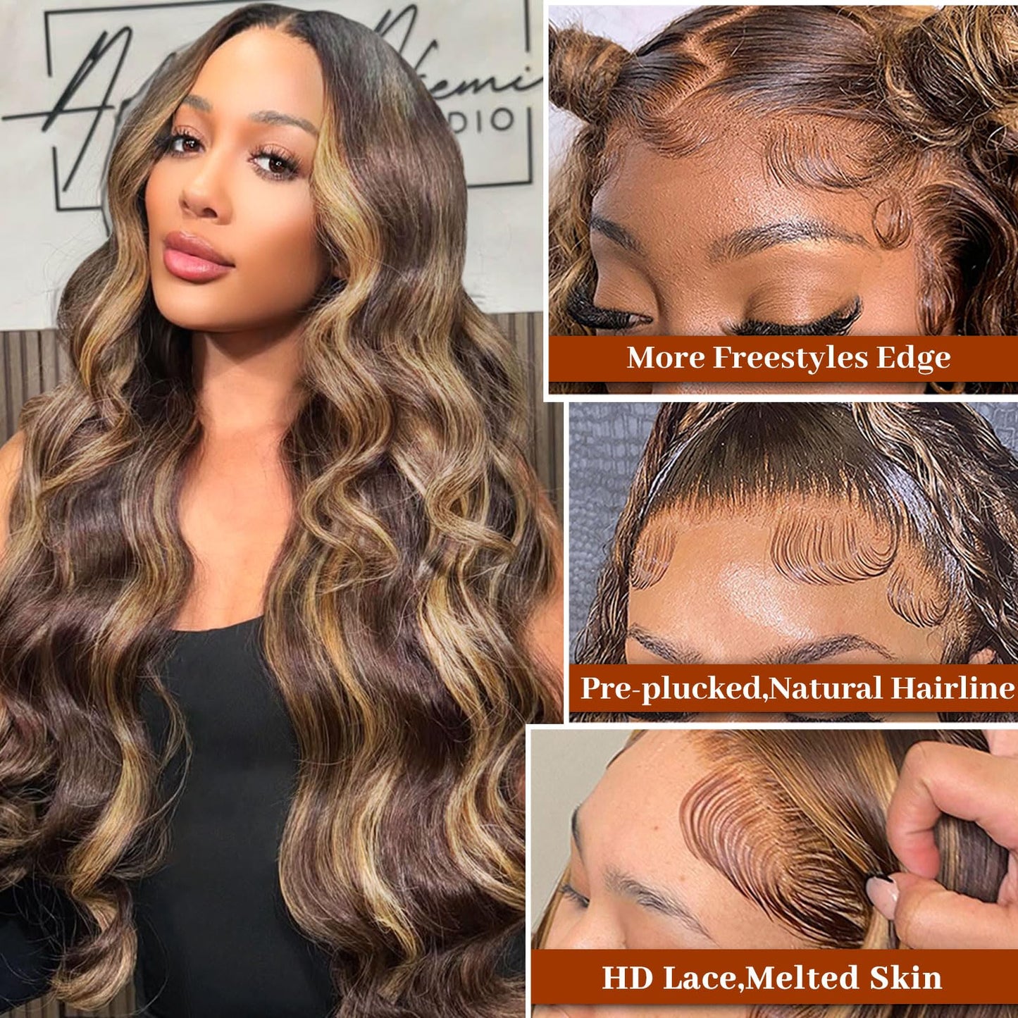 Hepnok Highlight Ombre Lace Front Wig Human Hair Body Wave 13x6 HD Lace Frontal Wigs Human Hair Pre Plucked 200 Density 4/27 Col