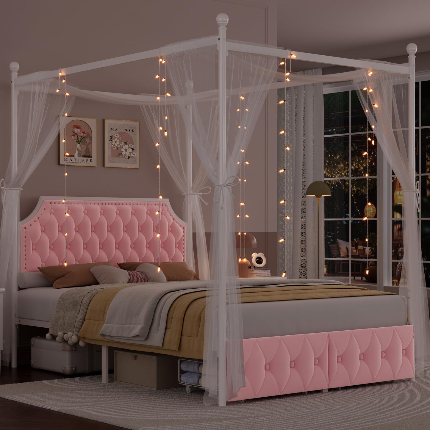 Keyluv Queen Upholstered Canopy Bed Frame with 2 Storage Drawers & Button Tufted Headboard, Metal Platform Bed with 4 Removable Posts, Two-Purpose Velvet Bed, Pink/Curtain Not Included