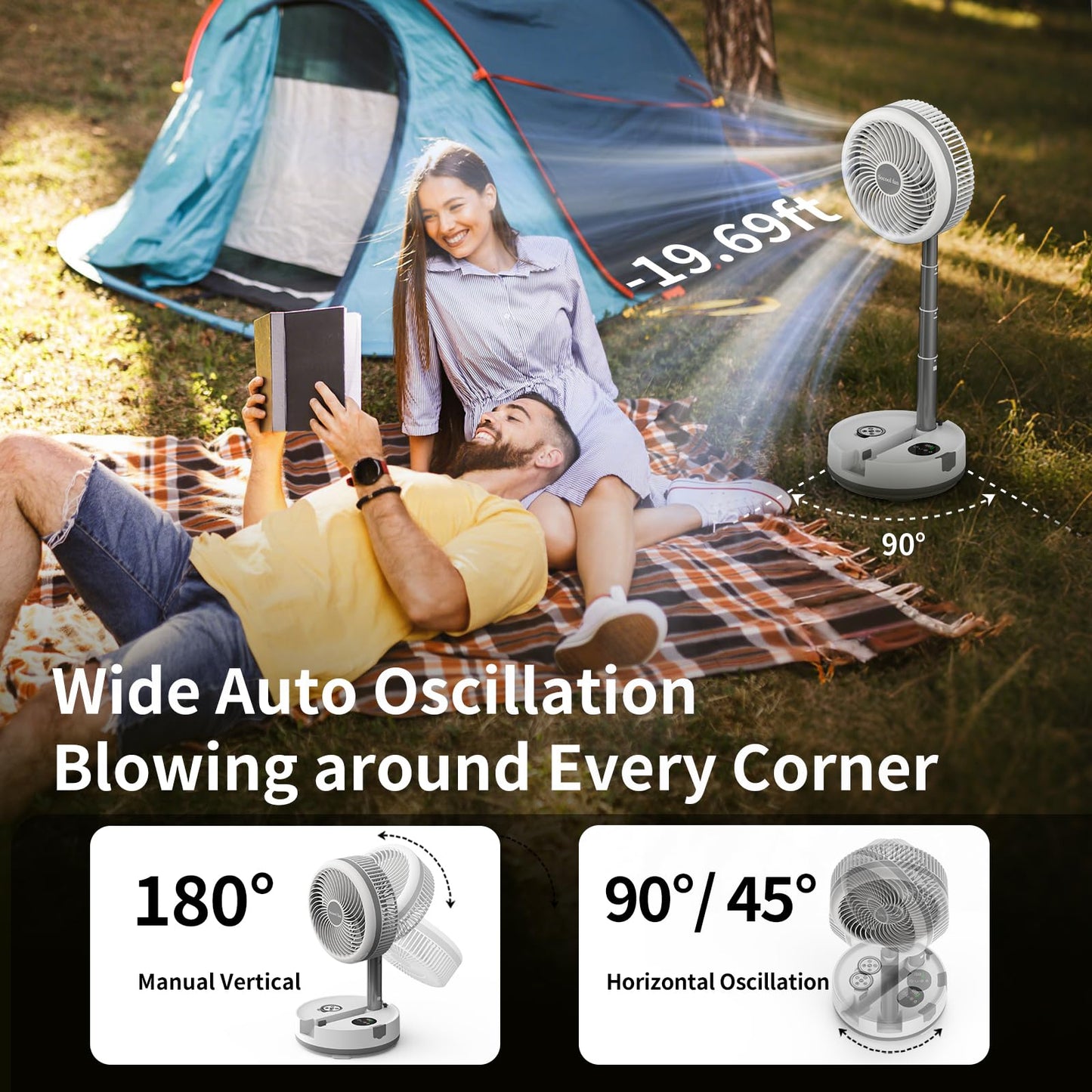 Socool 40000Mah Battery Operated Foldable Fan,Rechargeable Standing Fan, Remote Control & Colorful Light, Oscillating Telescopic
