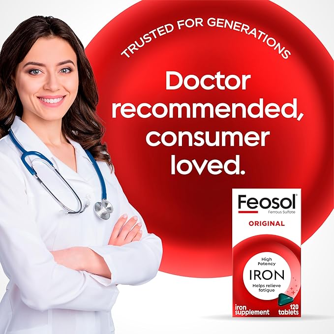 Feosol Original Iron Supplement Tablets,Non-heme 325mg Ferrous Sulfate (65mg Elemental Iron) per Iron Pill, 1 Per Day, 4 Month Supply, for Energy and Immune System Support (120 ct Pack of 2)