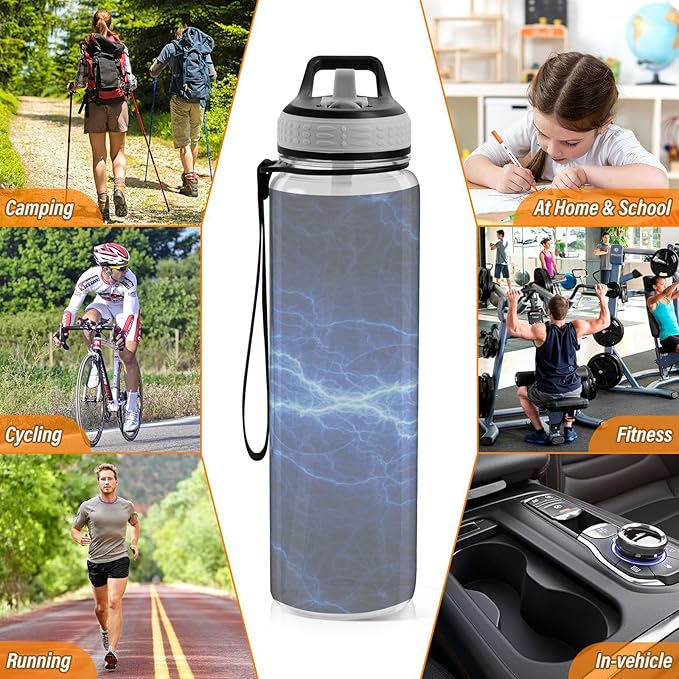Kigai Thunder Lightning Clear Water Bottle with Straw Lid, BPA-Free Leakproof Sport Water Bottle 32oz Large Gym Water Jug for Men Women Travel Fitness Outdoor