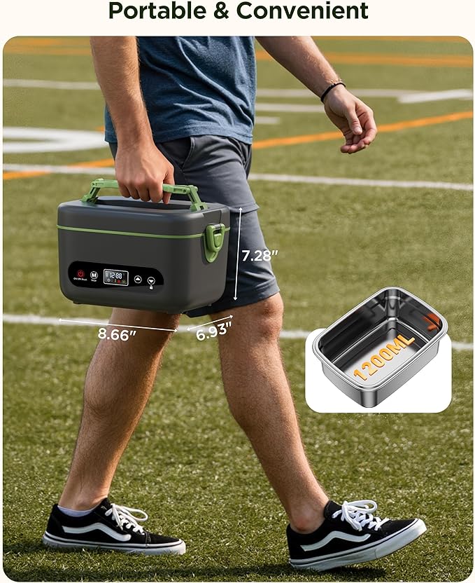 Cordless Electric Lunch Box for Adults：20000mAh Rechargeable Heated Lunch Box with Self Heating & 1.2L Portable Food Warmer for Work Travel Car(Gray-Green)