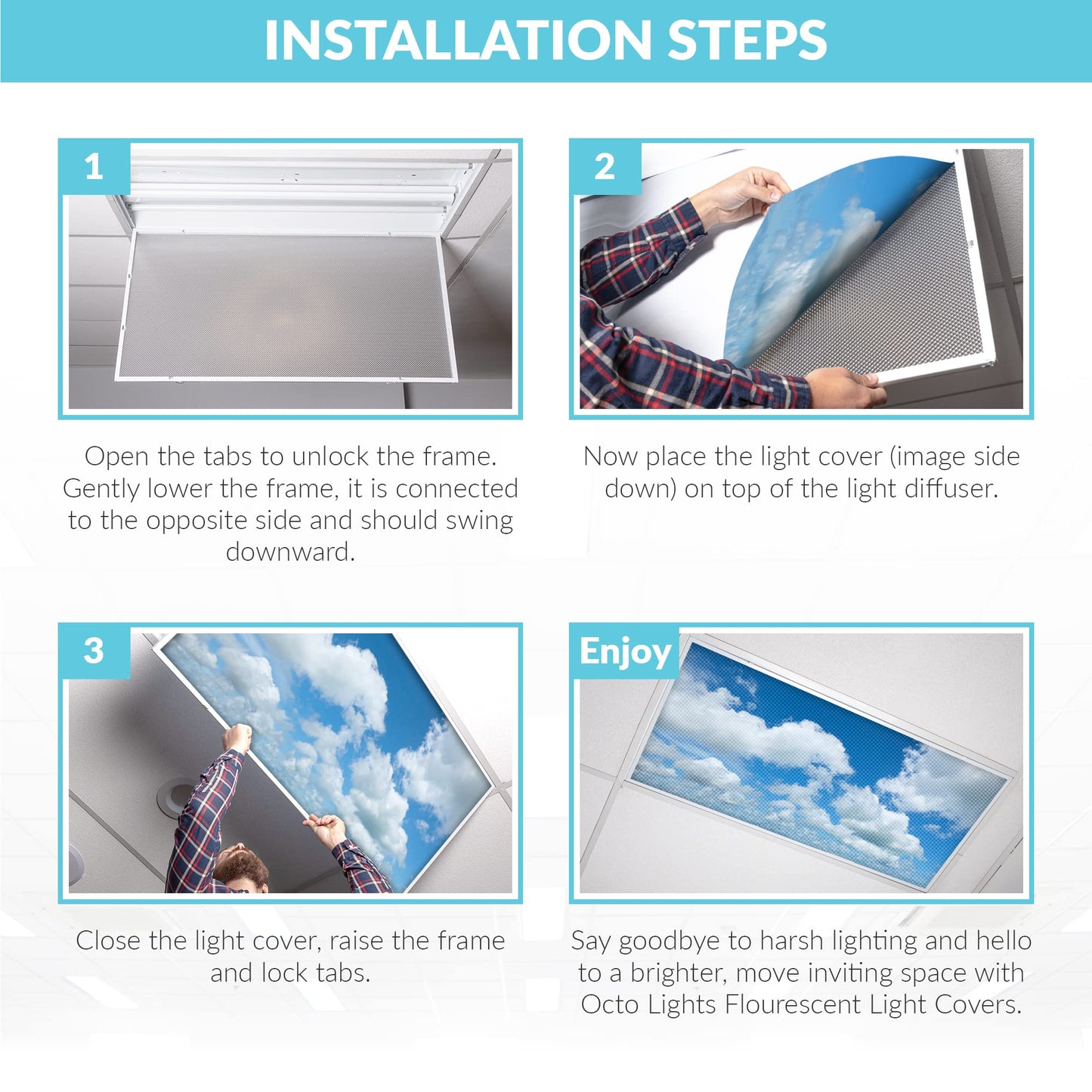 Octo Lights Fluorescent Light Covers 2X4 - Cloud 002, Backlit Film, Majestic Stratocumulus, Reduces Eye Strain And Improves Focus
