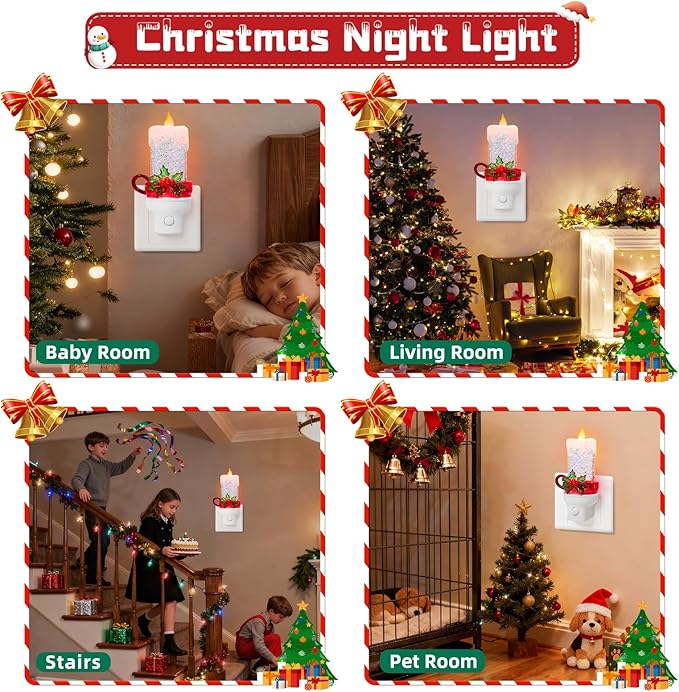 Christmas Candle Night Light Plug into Wall Swirling Glitter USB Portable Christmas Decorative Night Light Decoration for Kids Adults Bedroom Kitchen Living Room Holiday Decor (Candle)
