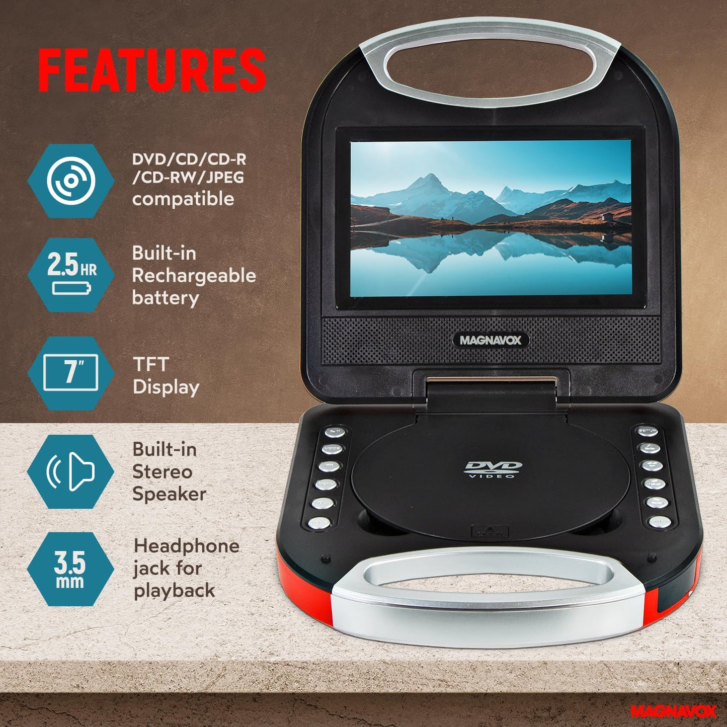 Magnavox Mtft750-Rd Portable 7 Inch Tft Dvd/Cd Player With Remote Control And Car Adapter In Red | Rechargeable Battery | Headph