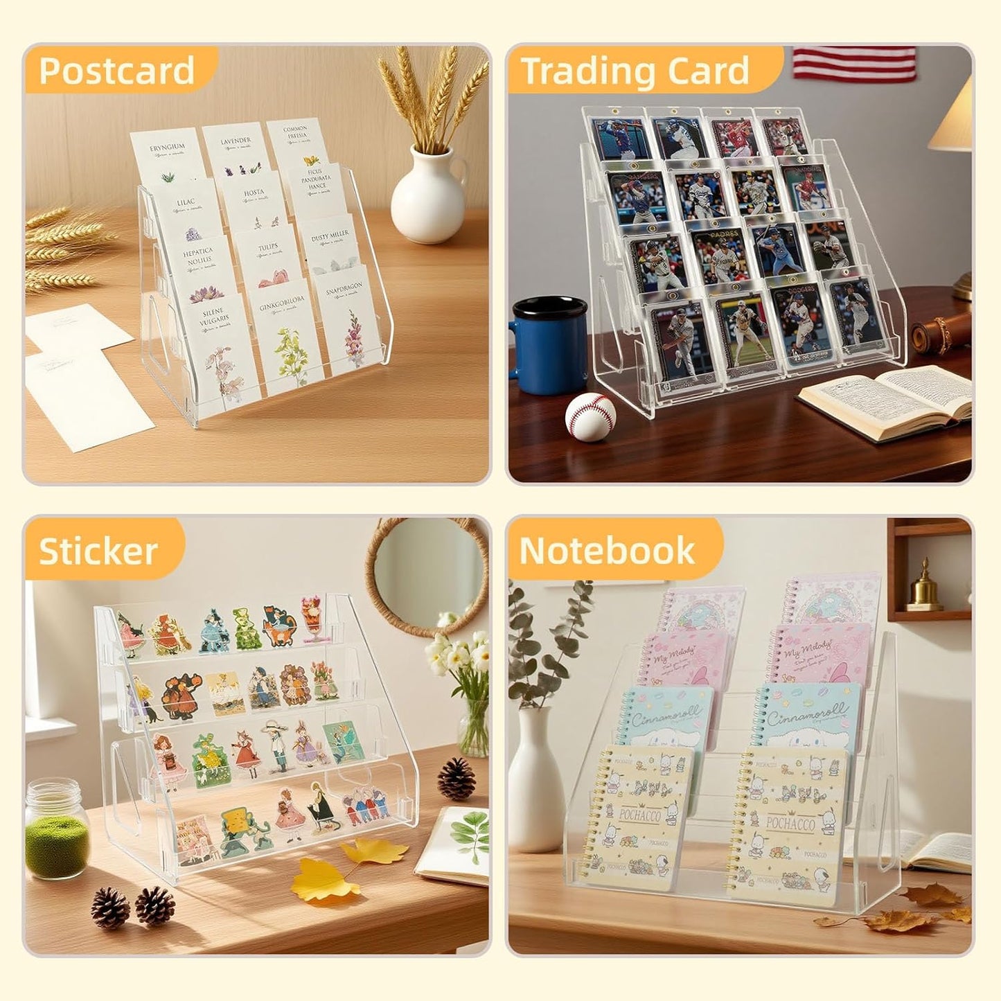 Trading Card Display Stand, Vertical Holder for Baseball Basketball Sports Graded Card Display Stand Tabletop for PSA BGS SGC Slabs, Snap-On Assembly(4 Tier, 1 Pack)
