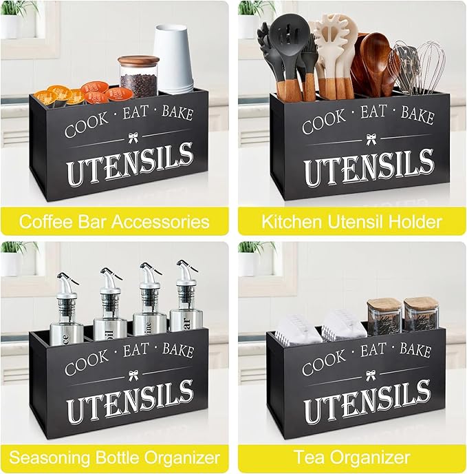 Kitchen Utensil Holder For Countertop With 4 Compartments - Kitchen Organizer Countertop, Extra Large Utensil Holder, Cooking Utensils Holder - Black