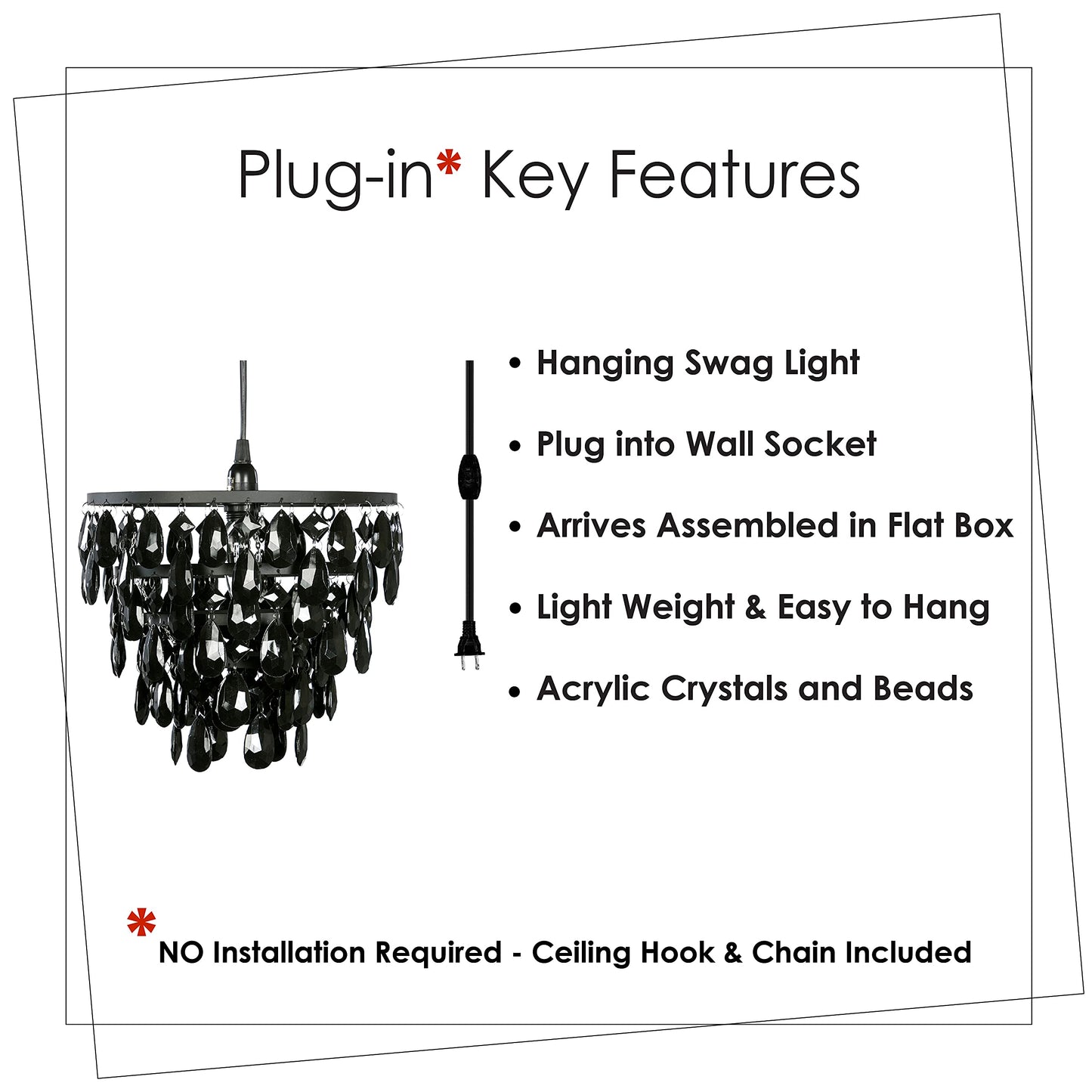 gypsy color Plug-in Chandelier, 1 Light, Black Metal Frame, Five Tiers of Black Acrylic Crystals, Model GYDMBK, H10”xW11.5”