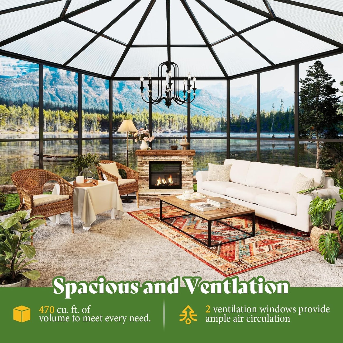 AMERLIFE 12x10x8 FT Hexagonal Hybrid Polycarbonate Greenhouse for Outdoors, Quick-Connect Assembly, Aluminum Frame with Ventilation and Rain Gutter for Backyard Garden, Black