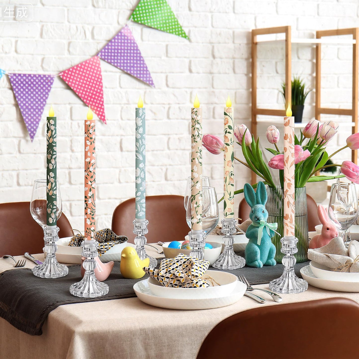 Honoson 6 Pcs Easter Flameless Taper Candles 10.6 Inch Spring Flower Candles Battery Operated LED Candlesticks for Easter Dinner Table Home Party Decor