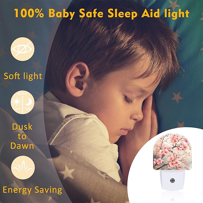 Cherry Blossom Tree Night Light Plug into Wall,Pink Watercolor Cherry Blossom Flowers Dusk to Dawn Night Light Plug in,0.5w Energy Saving NightLight for Kids Boys Girls Home Decor