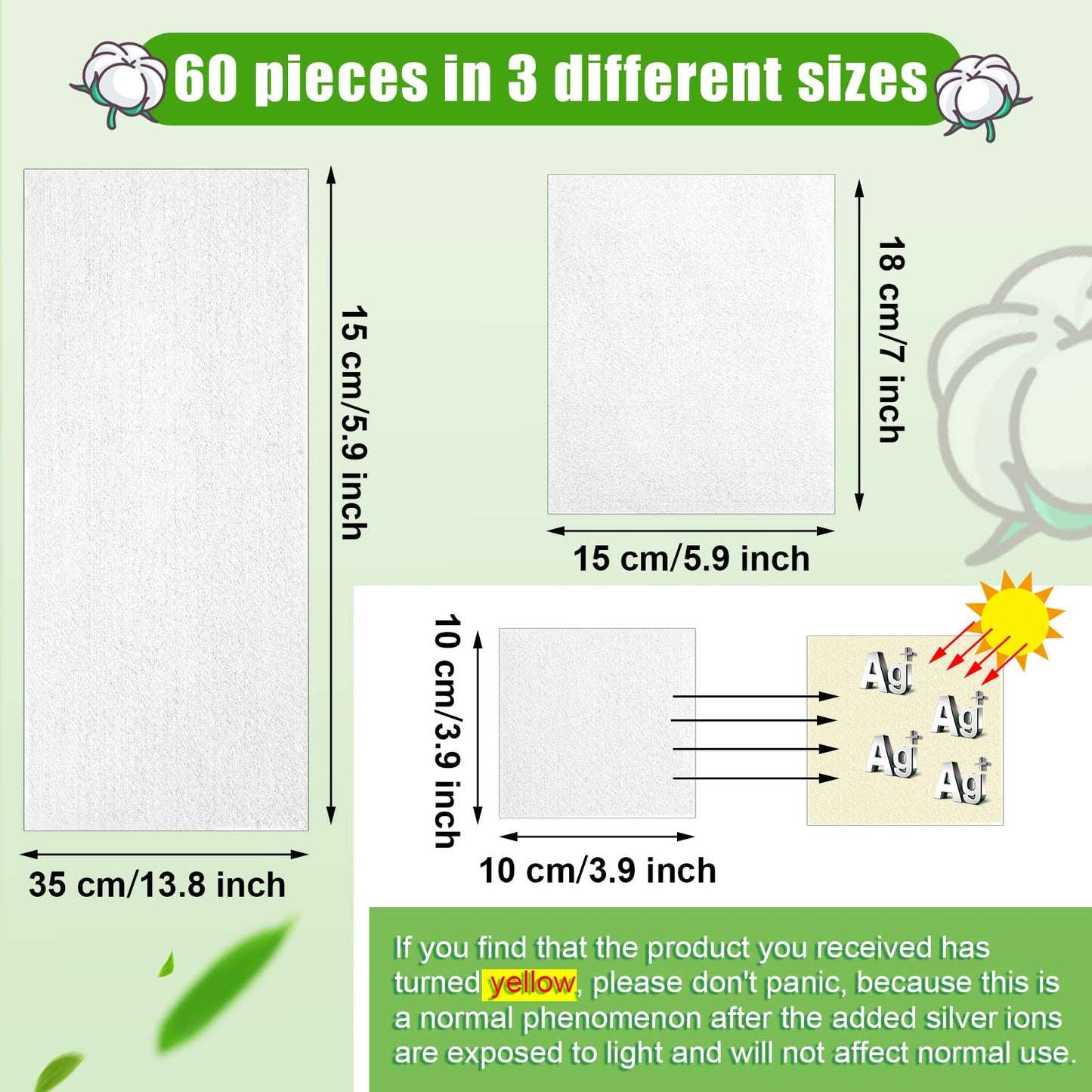 Jutom 60 Pcs Skinfold Dry Sheet with Silver Ions Disposable Incontinence Pads Soft Absorbent Pads Abdominal Body Wipes for Women and Adults, 14 x 6 Inch, 7 x 6 Inch, 3.9 x 3.9 Inch