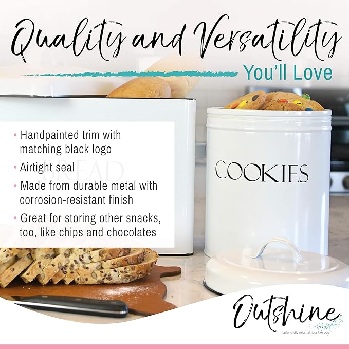 OUTSHINE White Cookie Jar with Airtight Lids | Vintage | Kitchen Counter Decorative Farmhouse Countertop Metal Treat Container | Best Cookie Tin for Gift Giving