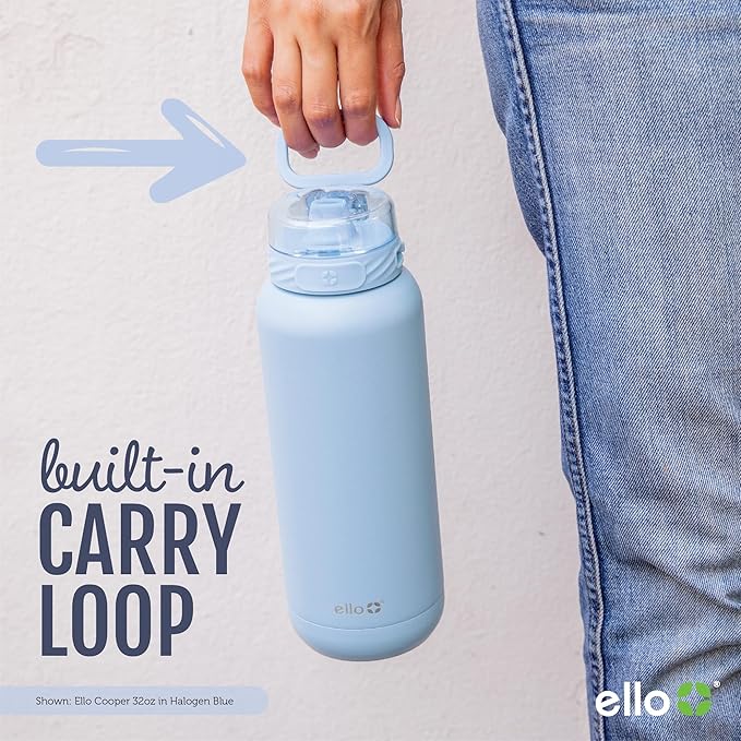 Ello Cooper 18oz Kids Stainless Steel Water Bottle Vacuum Insulated with Straw and Carry Handle, Leak Proof Locking Lid with Soft Silicone Spout, Fits Car Cupholder, Dishwasher Safe, Figgy Pudding