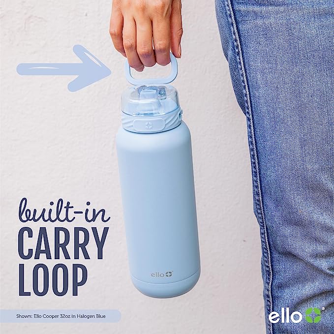 Ello Cooper 32oz Stainless Steel Water Bottle with Straw and Carry Handle, Double Walled and Vacuum Insulated Metal, Leak Proof Locking Lid with Soft Silicone Spout, Reusable, BPA Free, White