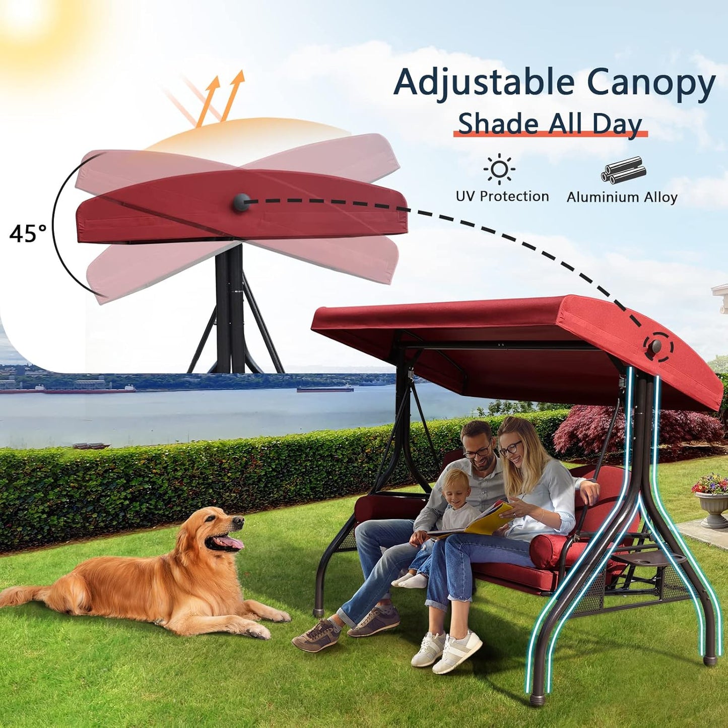NOBLEMOOD Patio Porch Swing, 3-Seat Outdoor Swing with Adjustable Canopy, Waterproof Fabric Cushion, Pillow and Foldable Side Tray for Patio, Backyard, Porch Swing Bed for Spring
