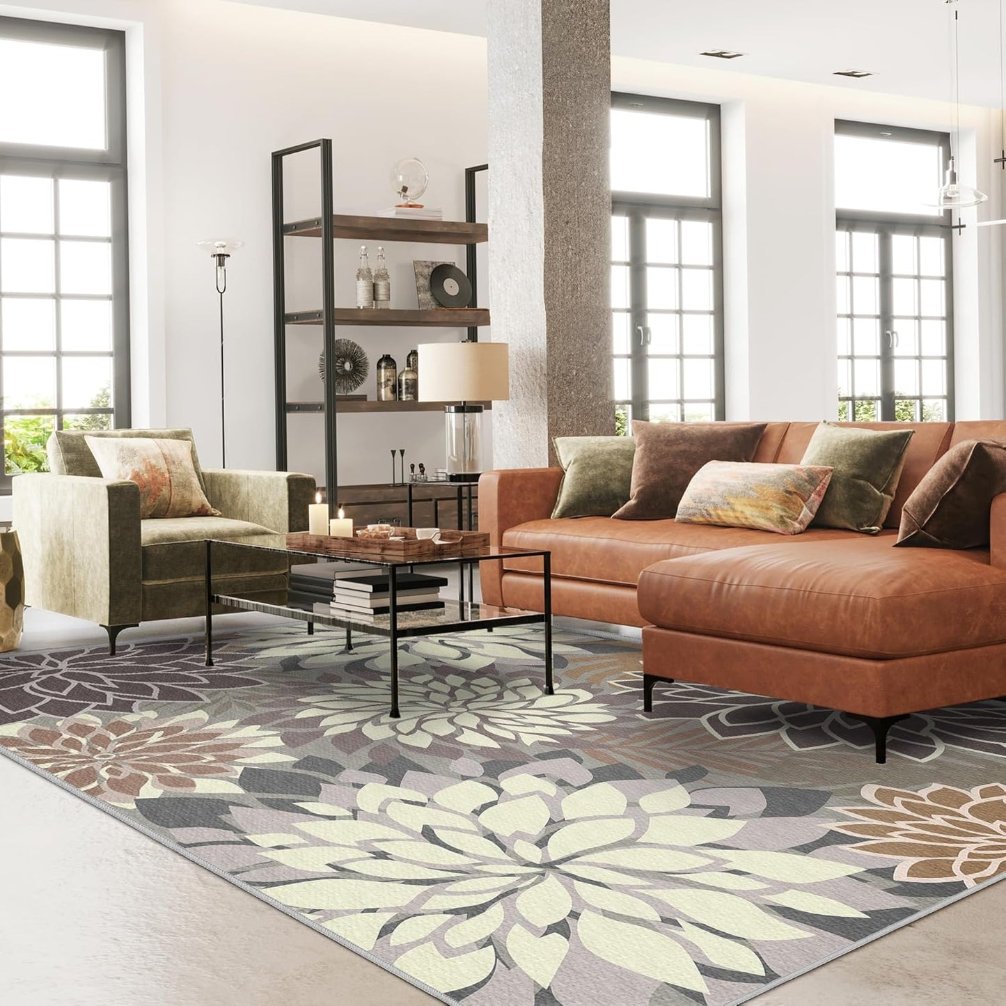 Indoor Outdoor Area Rug Washable Multicolored Patio Rug Tropical Botanical Modern Floral Indoor Outdoor Carpet Brown White Rug Non Slip Non Shedding for Patio, Deck, Backyard, Porch (6x9)