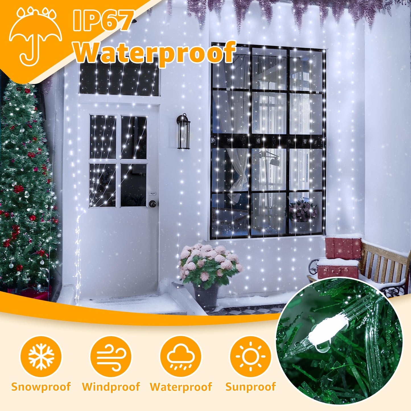 Ollny Curtain Lights 600Led 19.7Ft X 9.8Ft  Ip67 Waterproof Outdoor Curtain Rice Lights With Remote  Plug-In Untangle Fairy Curtain Light With 8 Modes 3 Timers For Wall Backdrop Decor(Cool White)