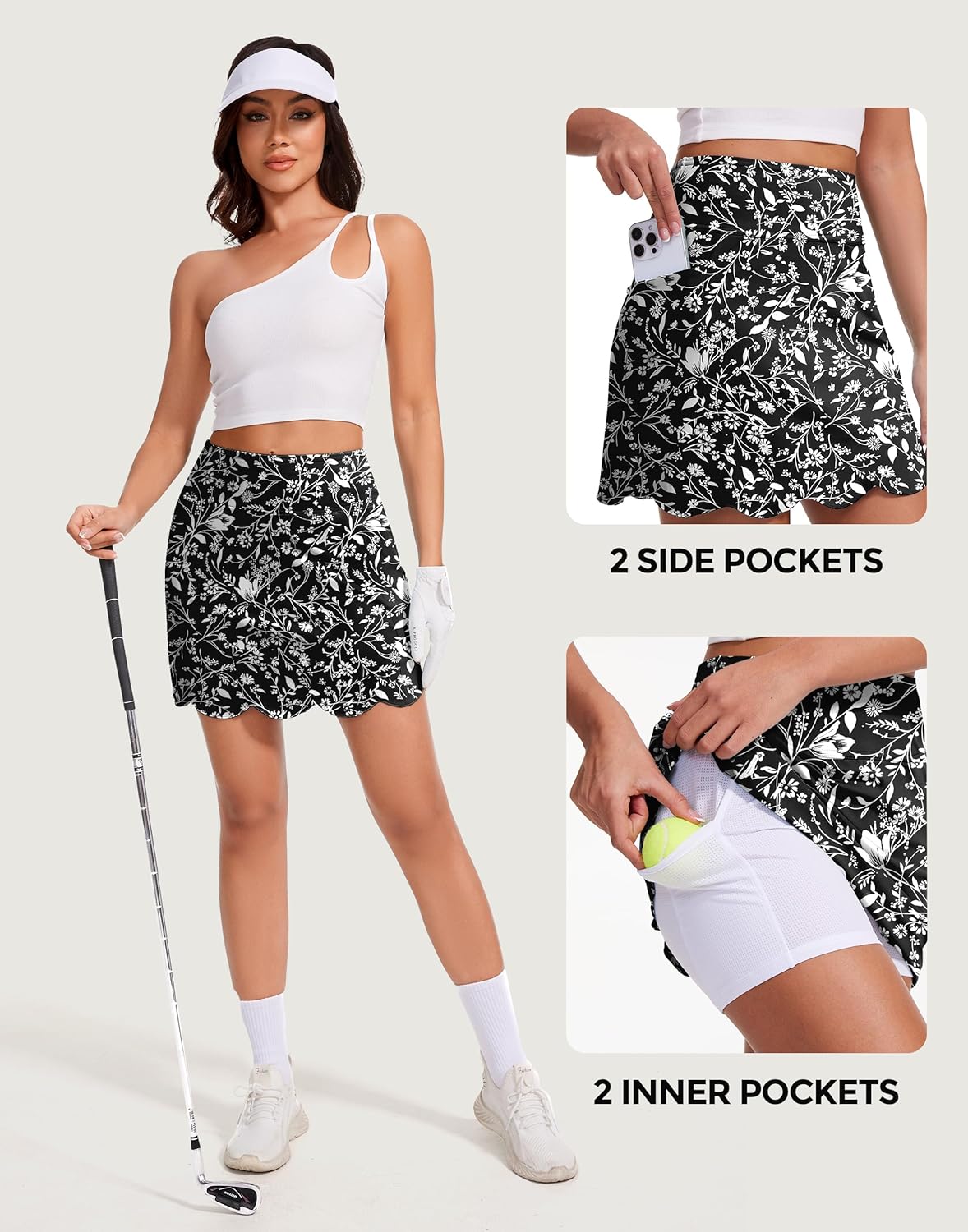 M MOTEEPI Skorts for Woman with Pockets 16" Golf Athletic Skirts Scalloped Hem Tennis Skirt Dressy Casual