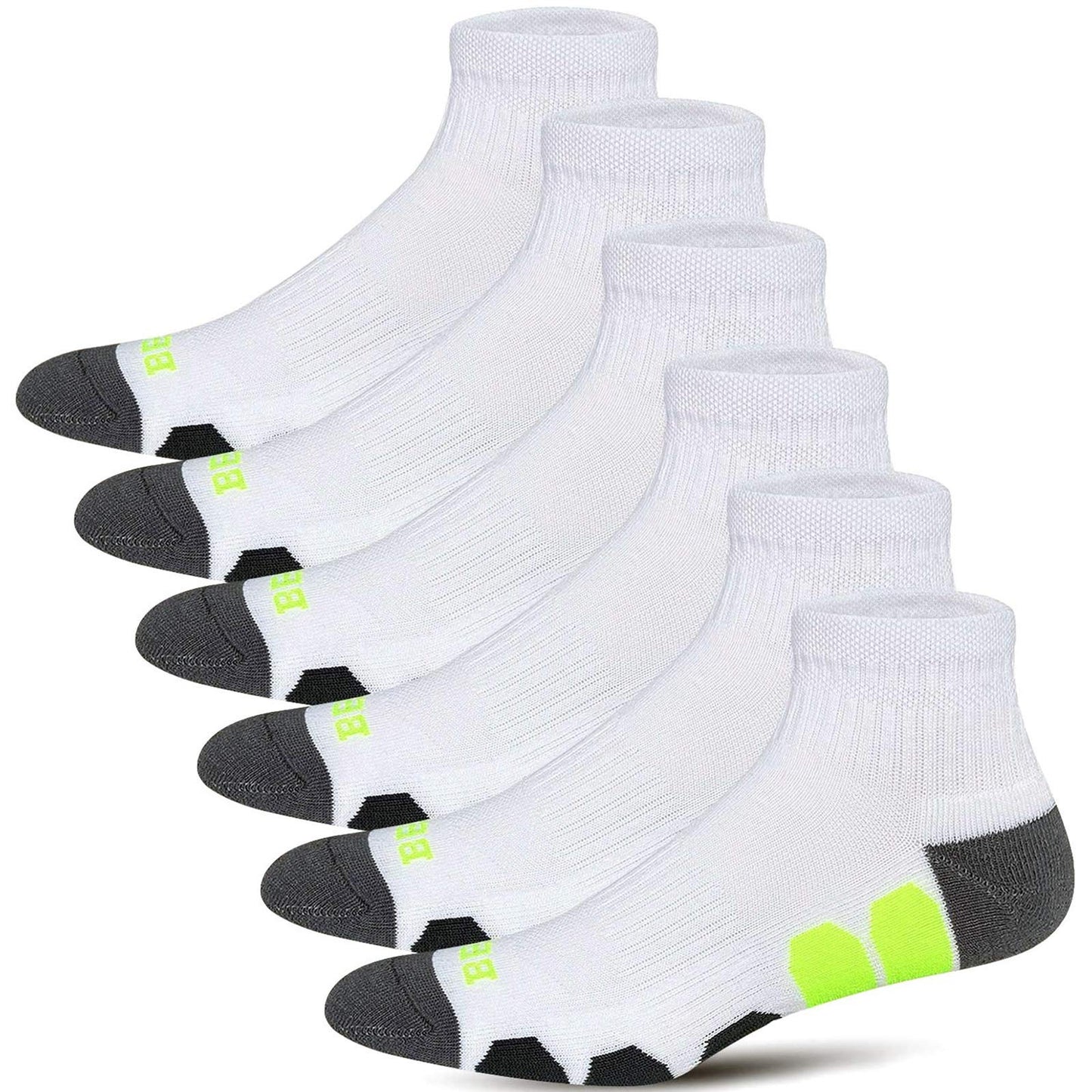 BERING Men's Performance Athletic Ankle Running Socks, White, Size 9-12, 6 Pairs