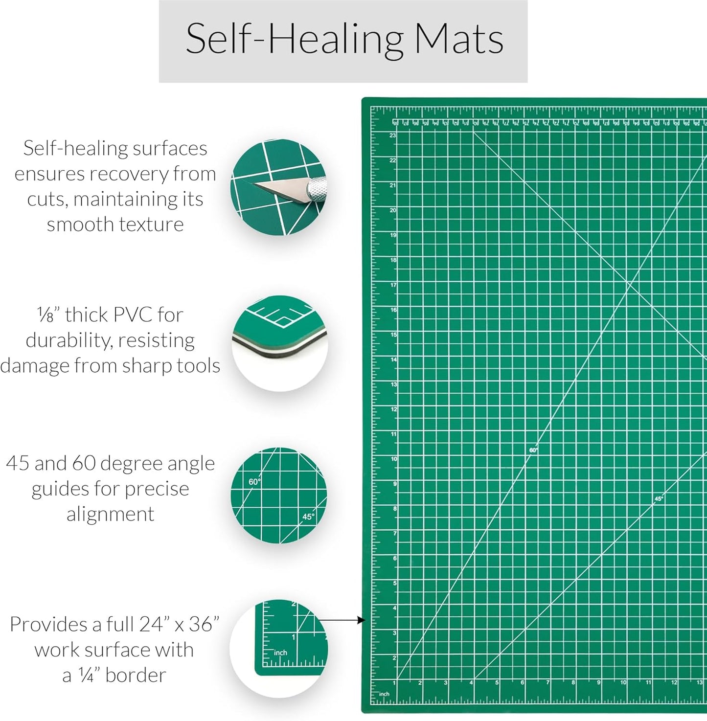 WA Portman Self Healing Cutting Mat & Rotary Cutter Set – 45mm Rotary Cutter for Fabric with 5 Extra Blades with 24x36 Fabric Cutting Mats for Crafts & 6x24 Acrylic Quilting Rulers – 3pc Sewing Kit