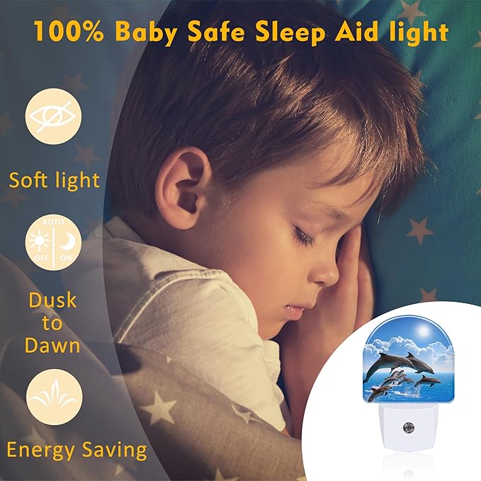 Jumping Dolphins Night Light Plug into Wall, Blue Sea and Bright Sky Dusk to Dawn Night Light Plug in,0.5w Energy Saving Sleep Friendly NightLight for Kids Boys Girls Home Decor