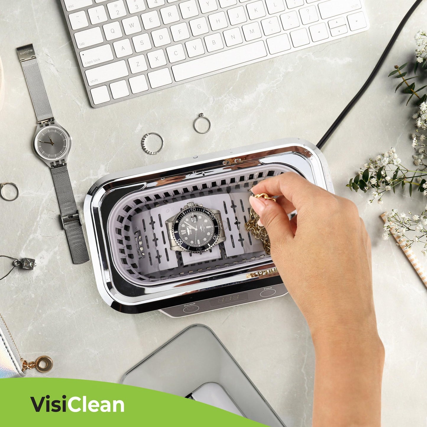 Ultrasonic Cleaner, Professional Ultrasonic Jewelry Cleaner for Diamond Ring, Silver, Gold, Earrings, Necklaces, Glasses, Denture, Retainer, Cpap, Coins, Mouthguard, Razors - VisiClean