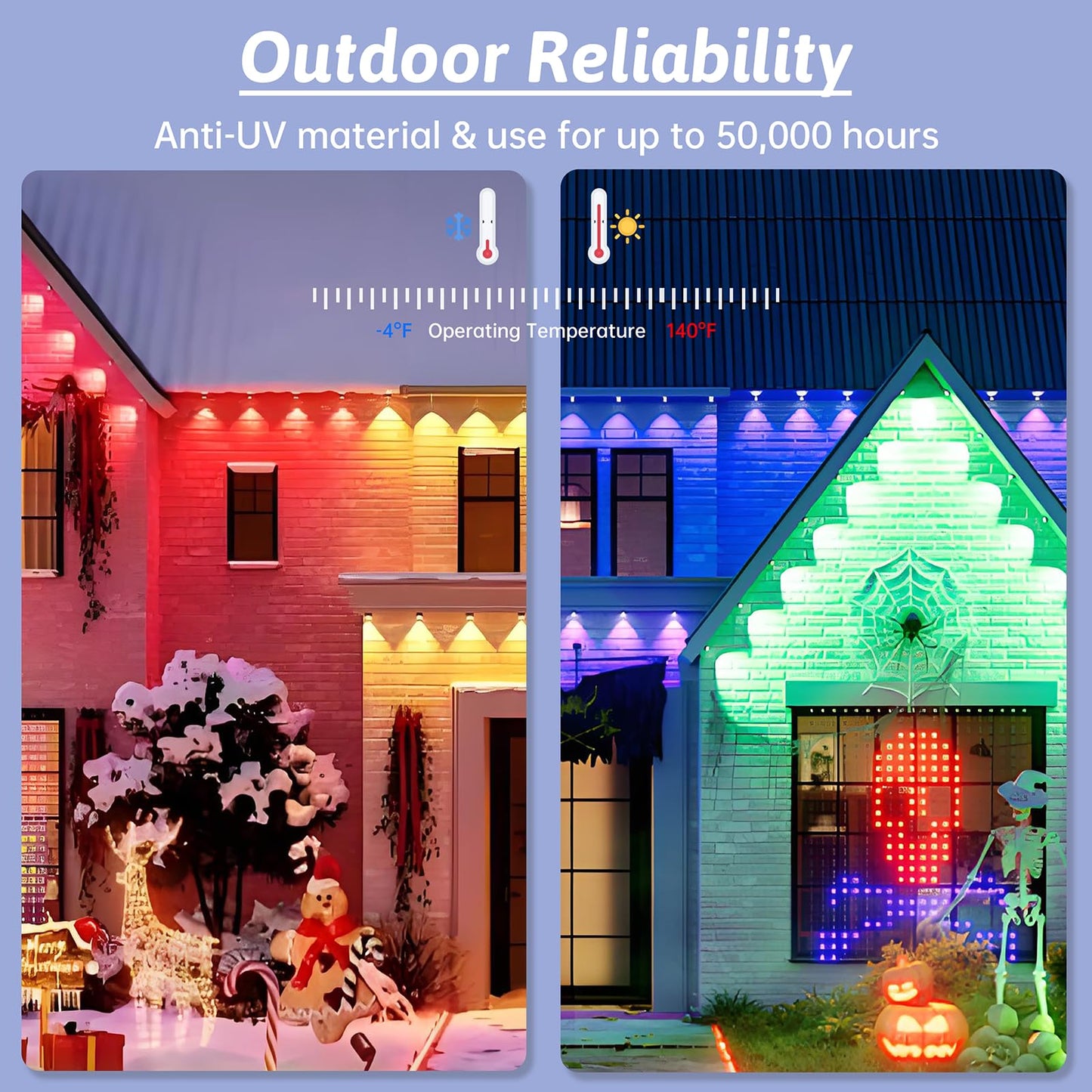 Logriw RGB Outdoor LED Lights, 50FT, IP67 Waterproof, Smart App/Remote Control, Multicolor, Model RFKJ0015