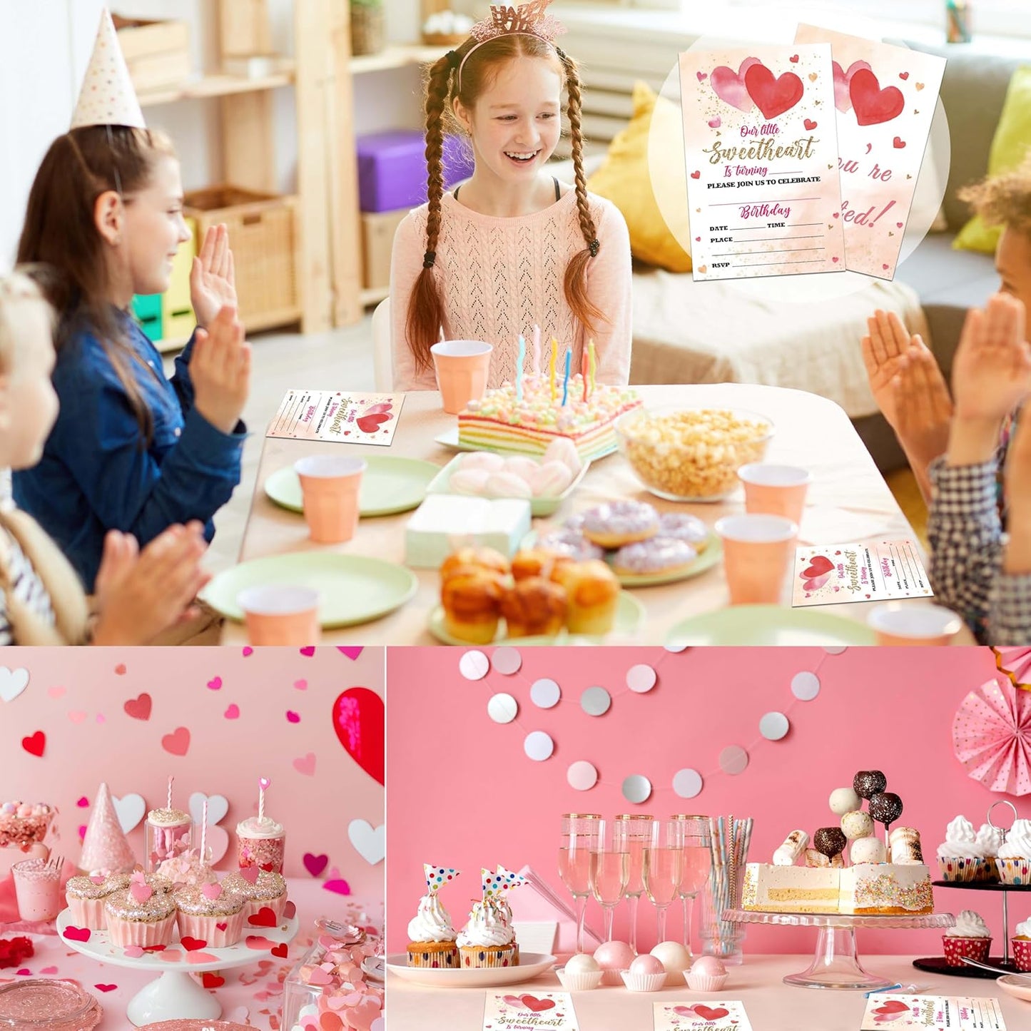 Sweetheart Birthday Invitations, 20 Invitation Cards with Envelopes, Pink Gold Hearts Valentine's Invites for Party Decorations Favor Supplies - A08
