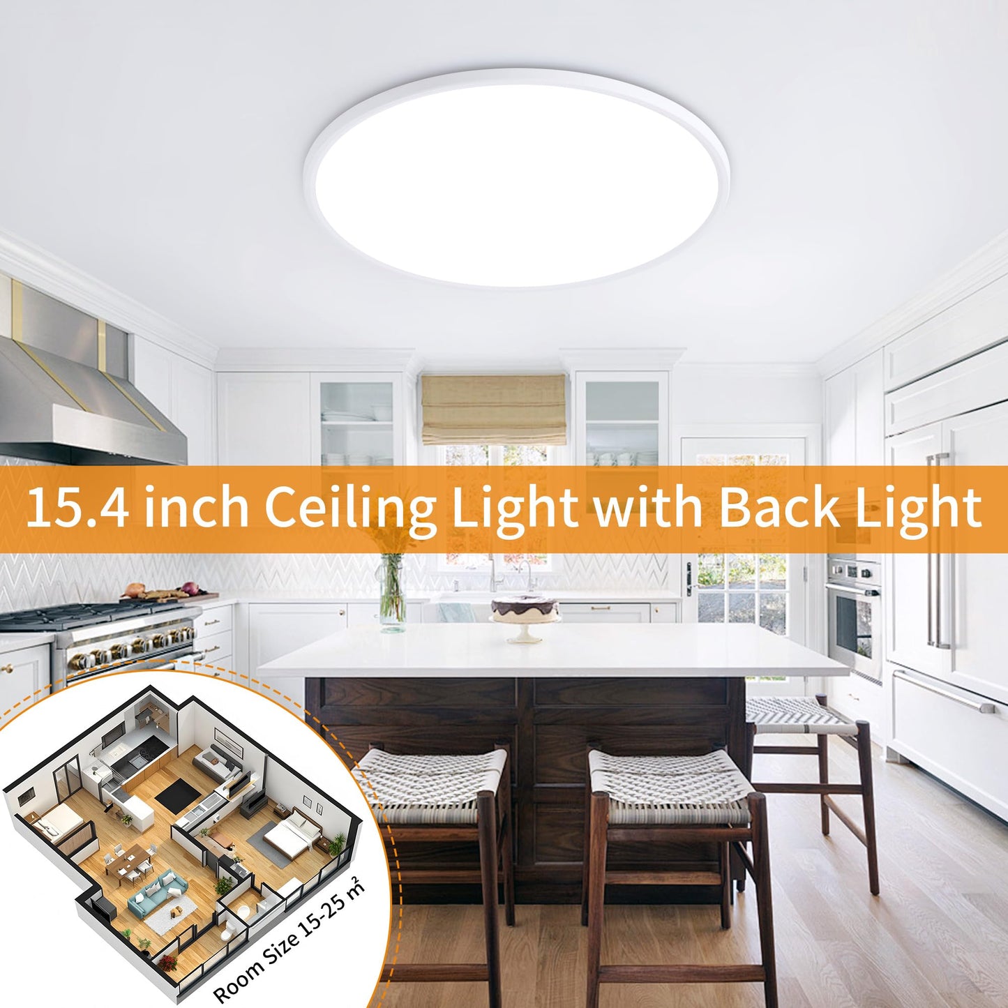 UprizeP Flush Mount Ceiling Light with Remote, 15in, 36W LED, 1800K Nightlight & 3000-6500K Dimmable, White, Model