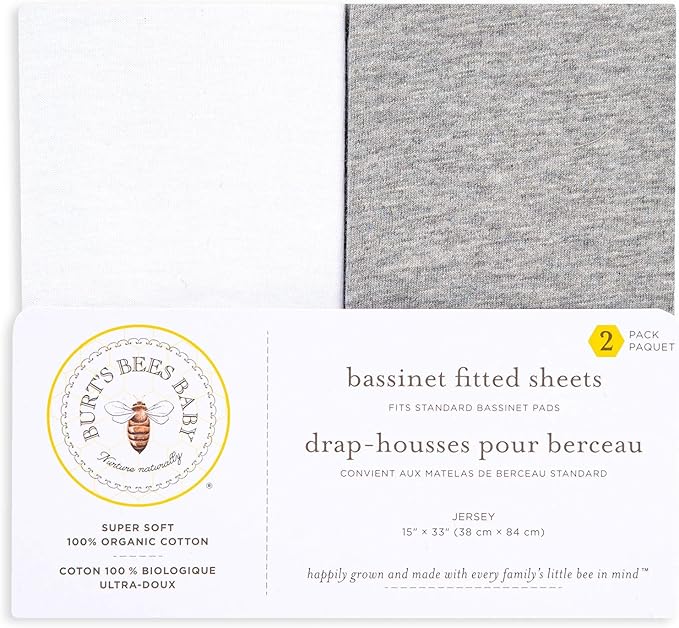 Bassinet Sheet, Infant Fitted BEESNUG Cover, 100% Organic Cotton, Soft Unisex Newborn Essentials for All Standard Oval or Rectangle Bassinet Bed Pads or Mattresses - 15 x 33 Inches