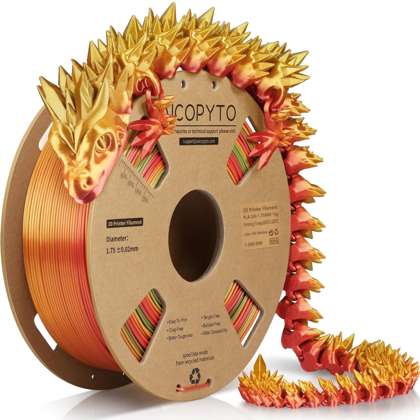 AICOPYTO Silk Rainbow PLA Filament 1.75mm, 3D Printer Multicolor PLA Filament, Color Changing Filament Dimensional Accuracy +/-0