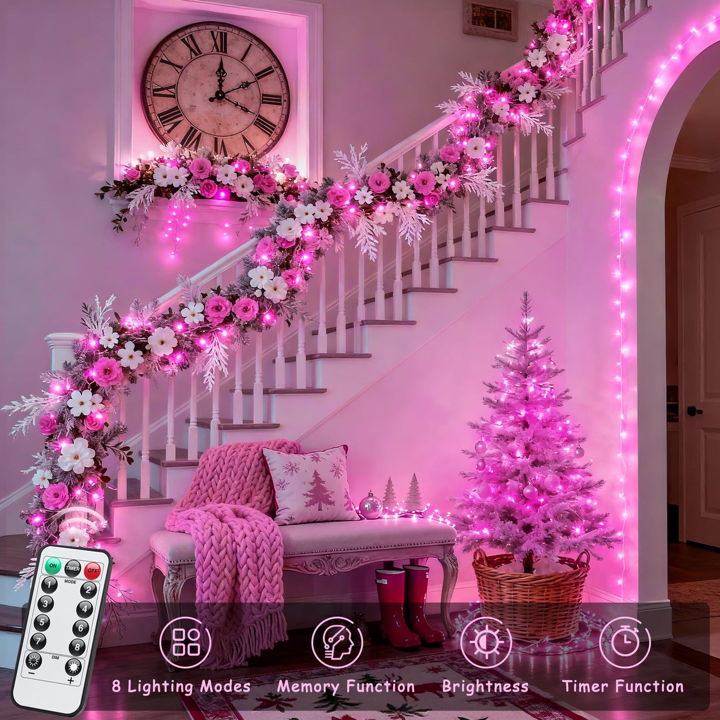 Jmexsuss 33Ft Pink Led Fairy String Lights, Battery Operated, 100 Lights, 8 Modes, Waterproof For ValentineS Day Indoor/Outdoor Decor