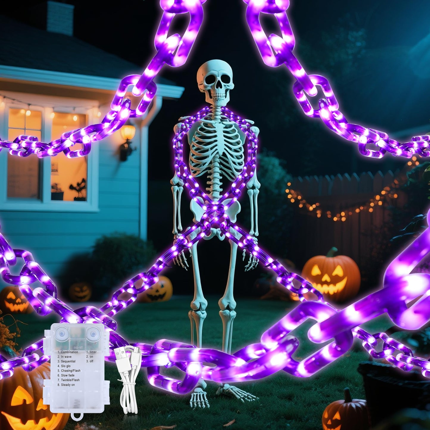 woohaha Halloween Decorations Purple 175LED Chain Lights, 10.5FT, Battery/USB, 8 Modes, Timer for Outdoor Party
