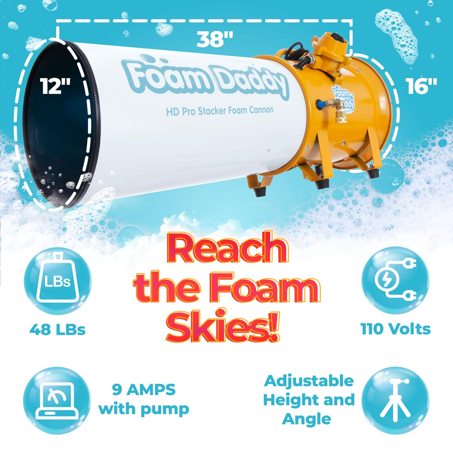 Foam Daddy HD Pro Stacker Foam Cannon - High-Output Metal Machine, Covers 30x30ft Area, Red, Includes Mount, Pump, Hose, Remote Control