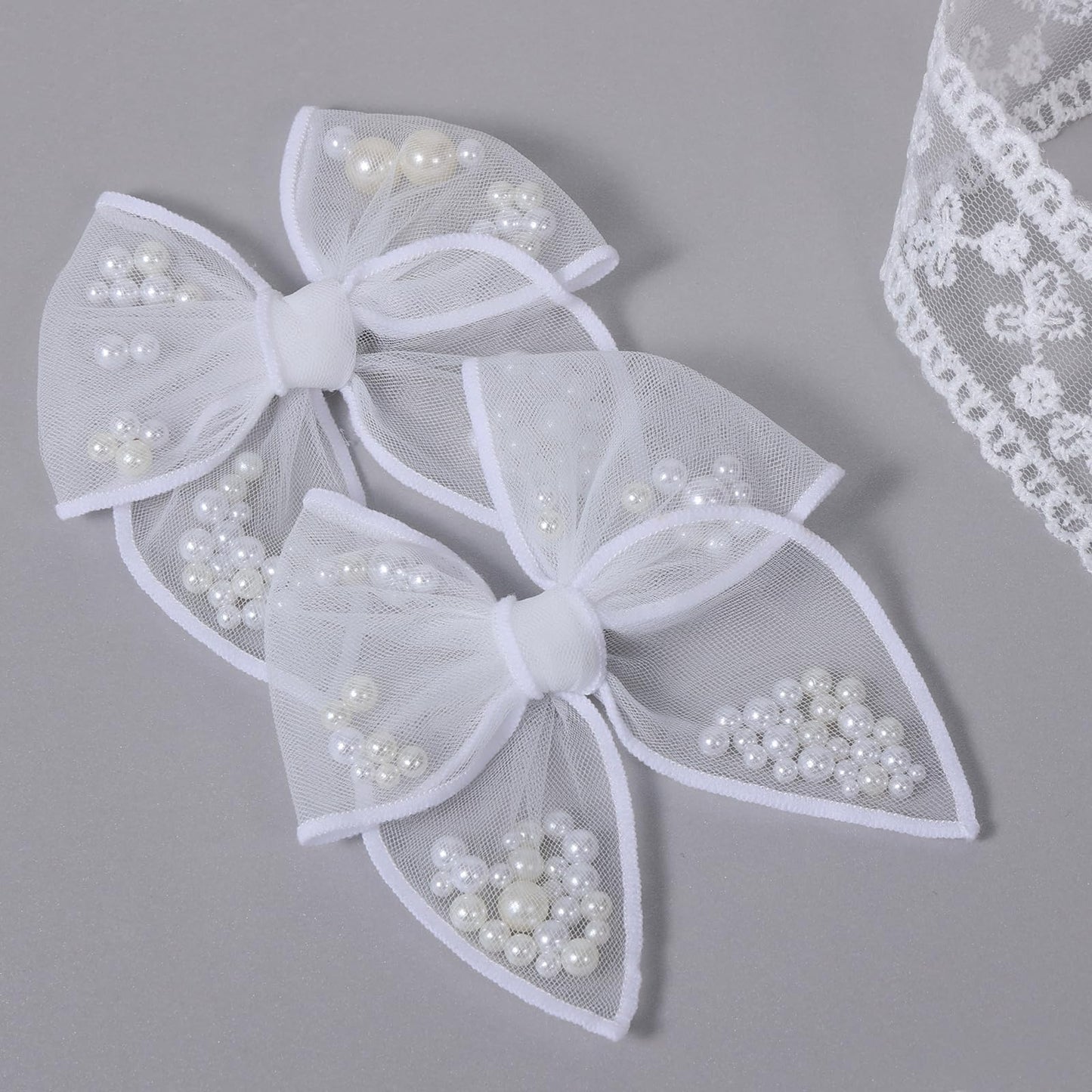 White Pearl Fable Hair Bow Clips for Flower Girls Wedding 4  Mesh Tulle Ribbon Shaker Bow Alligator Hairpins Toddlers Kids Pagea