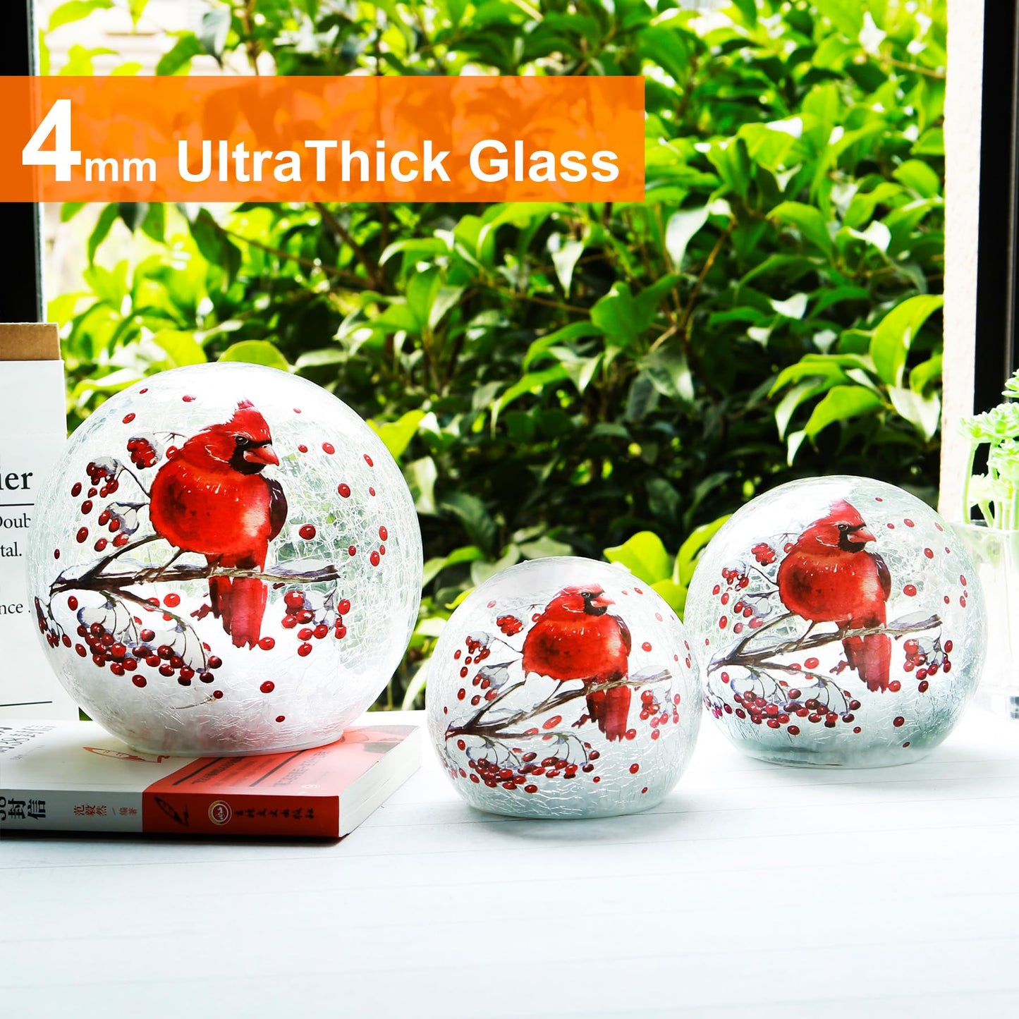 Cordless  le Glass Ball Cardinal Lamp With Timer  Battery Operated Led Red Bird Stained Christmas Decor Accent Sphere Table Lamp  MotherS Day Gift  Lighted Orb Cardinal Globe Desk Night Light