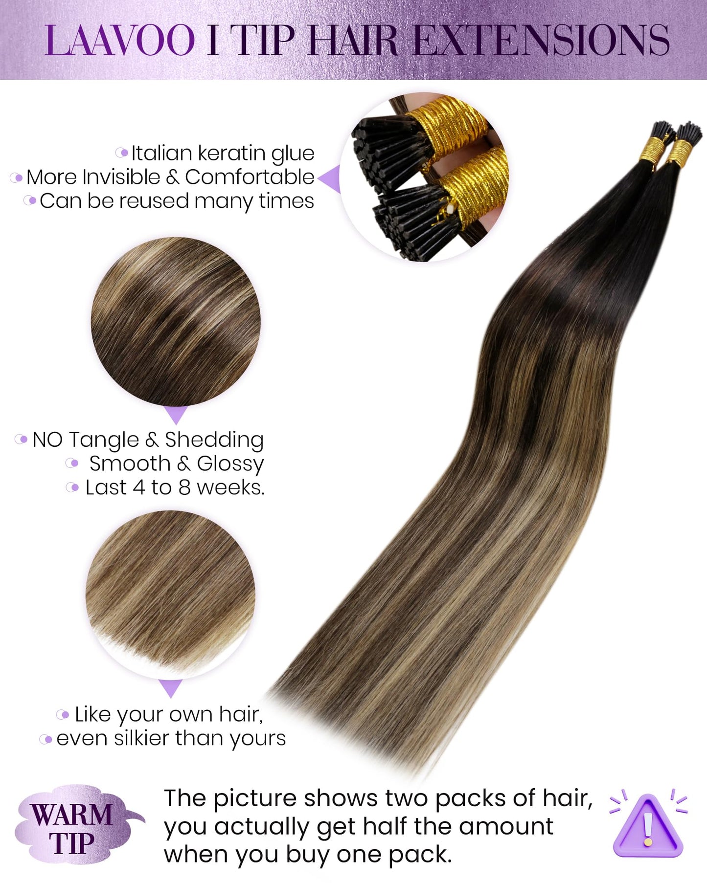 LaaVoo I Tip Hair Extensions Human Hair Balayage Natural Black to Medium Brown Ombre Caramel Brown Itip Human Hair Extensions Si