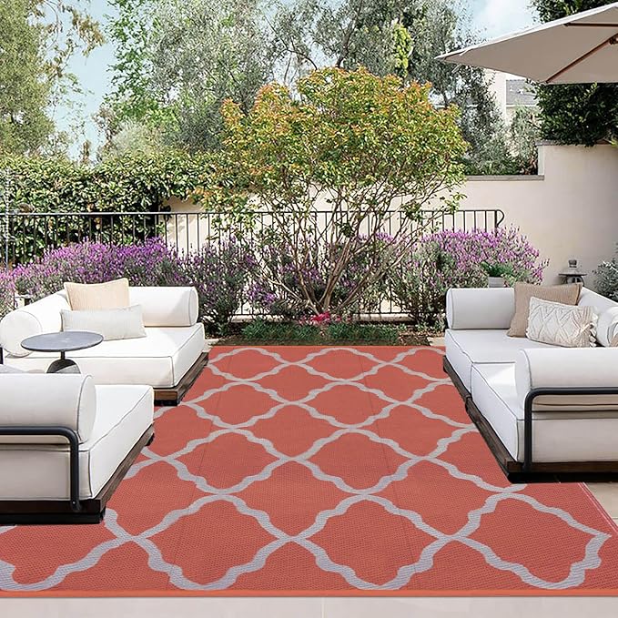 OutdoorLines Outdoor Plastic Area Rug for Patio 5x8 ft - Reversible Outside Carpet, Stain & UV Resistant RV Mats, Straw Rug for Camping, Deck Garden, Porch and Balcony, Moroccan/Orange & Light Grey
