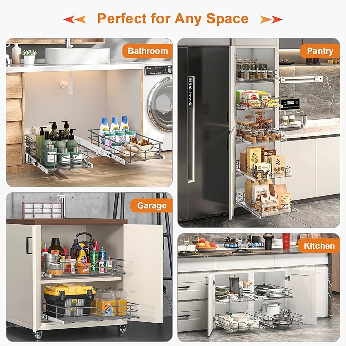 ALINE FURNITURE Pull Out Shelves - 8" W x 22" D Soft Close Pull Out Cabinet Organizer 1 Tier - Slide Out Drawers with Shelf Liner, Heavy Duty Steel Wire Baskets for Kitchen Cabinets, Pantry, Bathroom