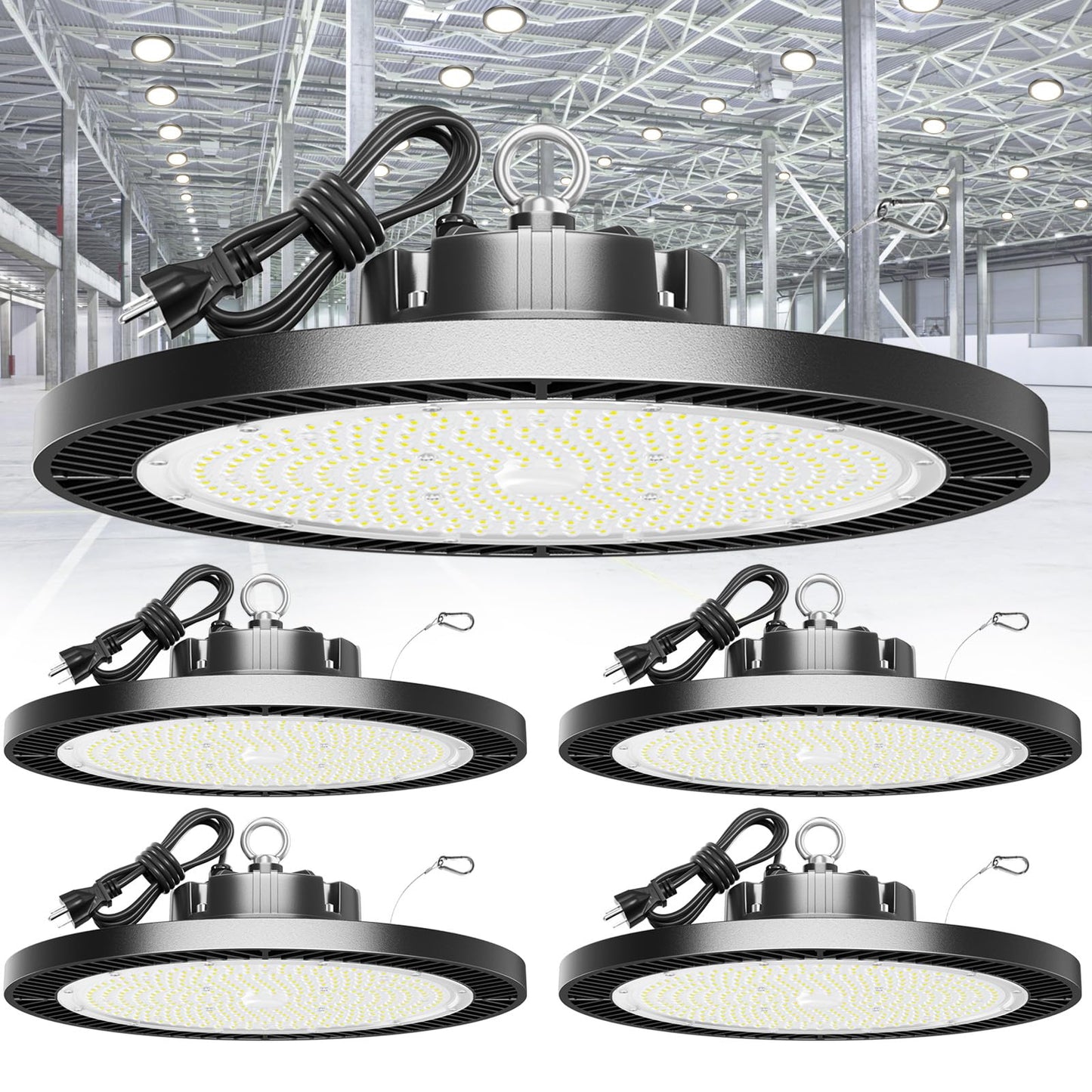 Super Bright 250W Ufo Led High Bay Light 4 Pack 5000K 35000Lm High Bay Led Shop Lights With 5 Cable Plug Hanging Shop Lights Garage Barn Lighting Light With Garage Workshop Factory Barn Warehouse