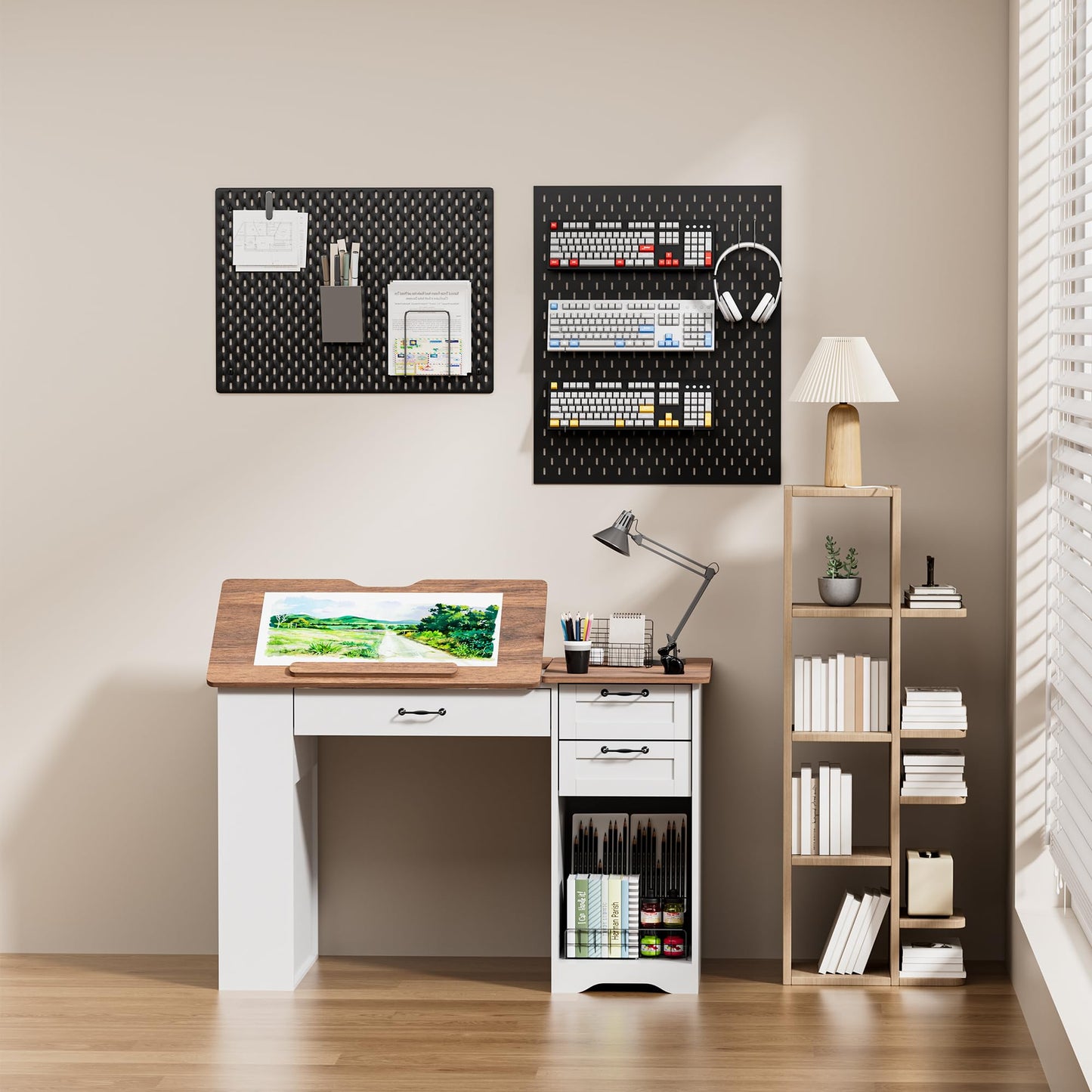 GatherHome Drafting Table with Storage Cabinet & Drawers, Adjustable Drawing Table with Open Shelves, Craft Art Desk for Artists, Painters, Drawing, Crafting, Reading, Writing, Working