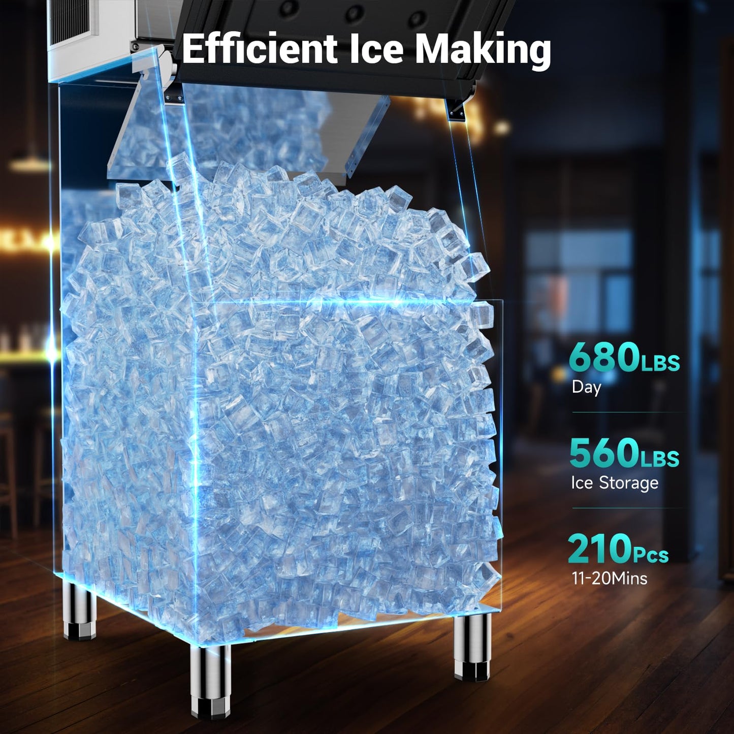 680LBS/24h Commercial Ice Maker Machine with 560 LBS Storage Bin, Ice Ready in 8-15 Min, ETL Approval Self Cleaning Stainless Steel Industrial Ice Machine for Bar Restaurant Cafe