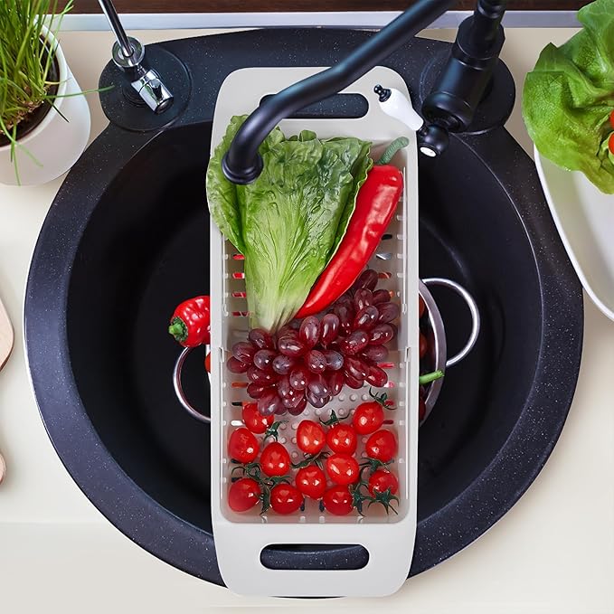 VECELO Expandable Over the Sink Colander Strainer Basket, Kitchen Strainers and Colanders for Washing Vegetables and Fruits, Draining Cooked Pasta, Drying Dishes, Gray